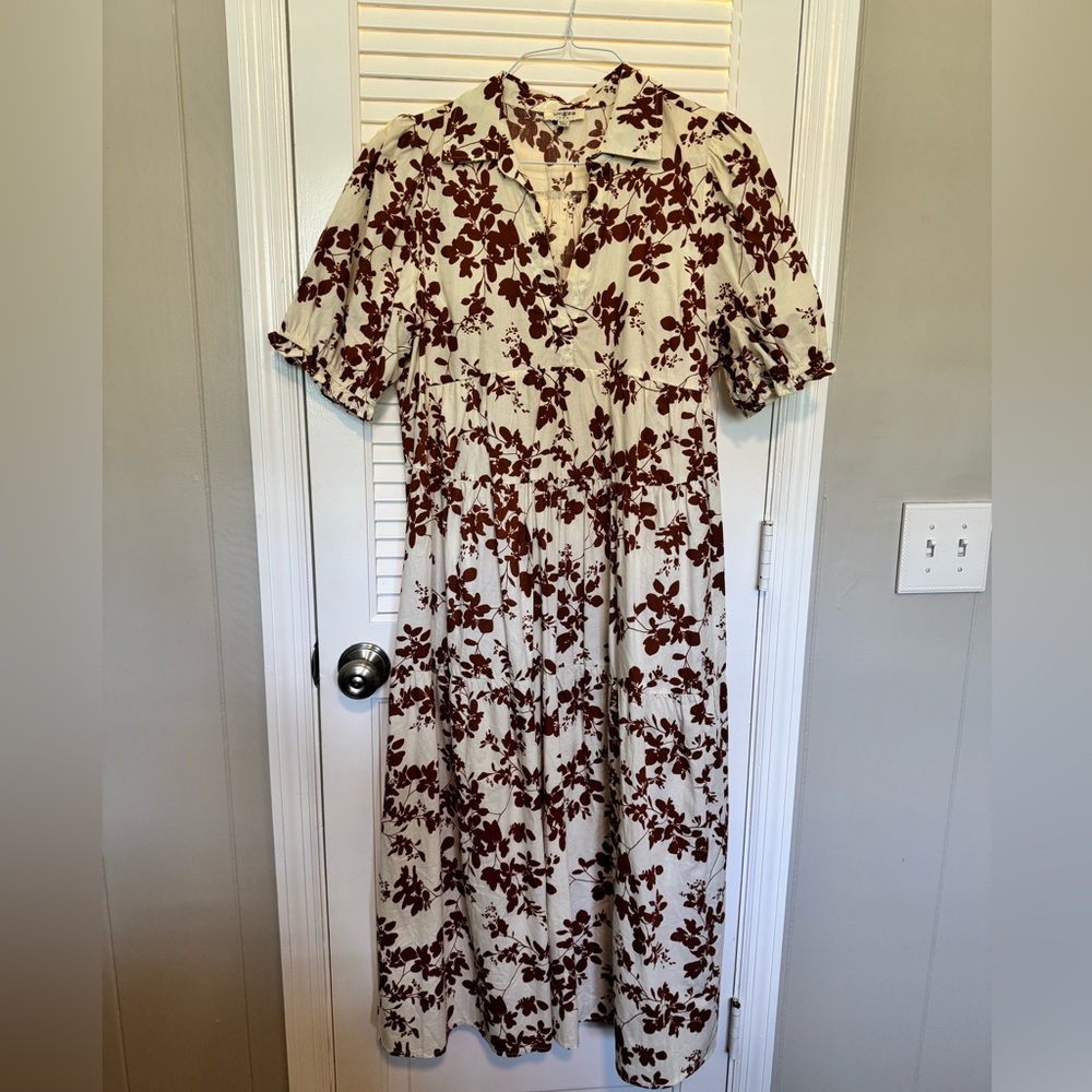 Umgee Cream and Brown Floral Midi Dress